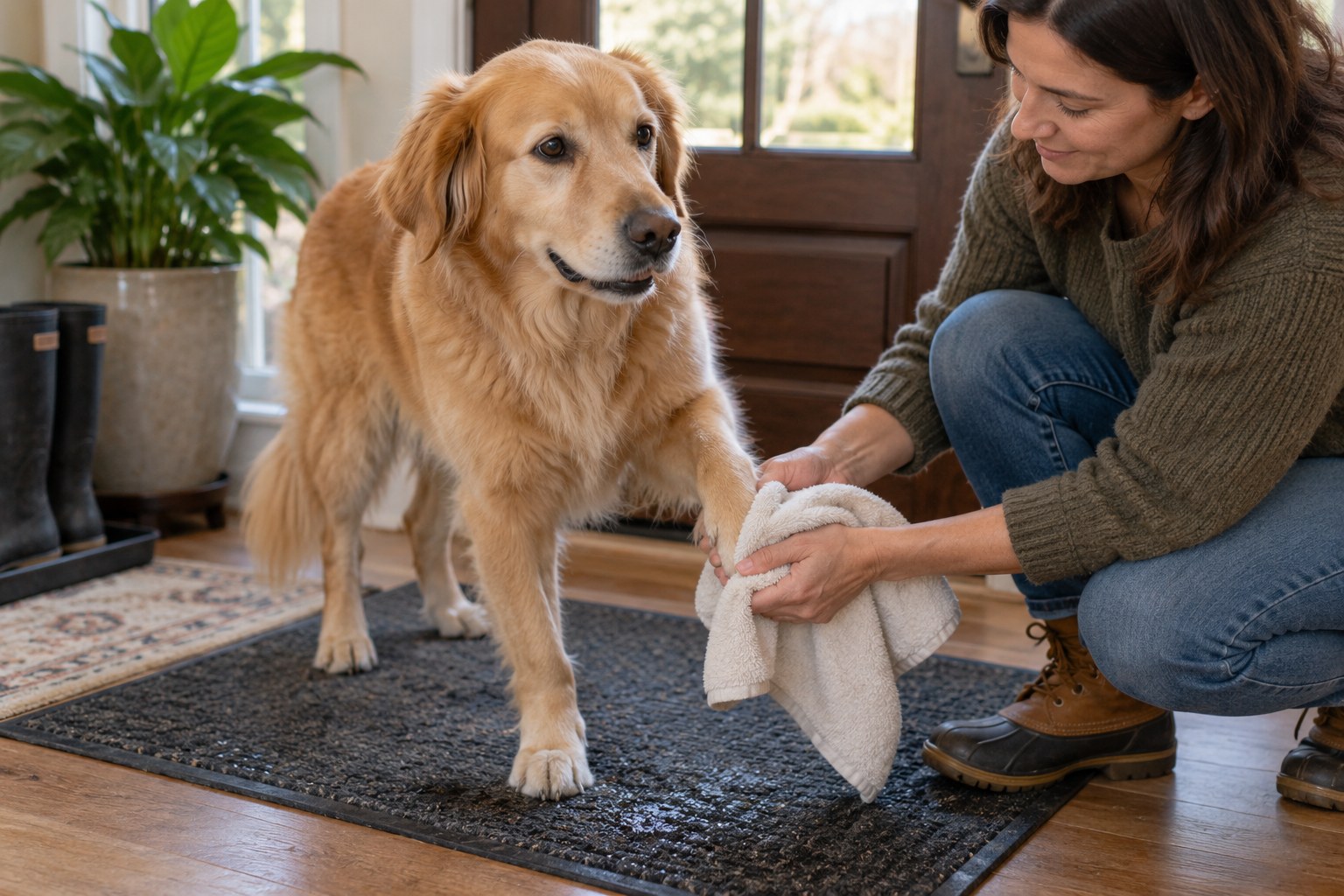 A person gently wiping one dog paw with a soft cloth.