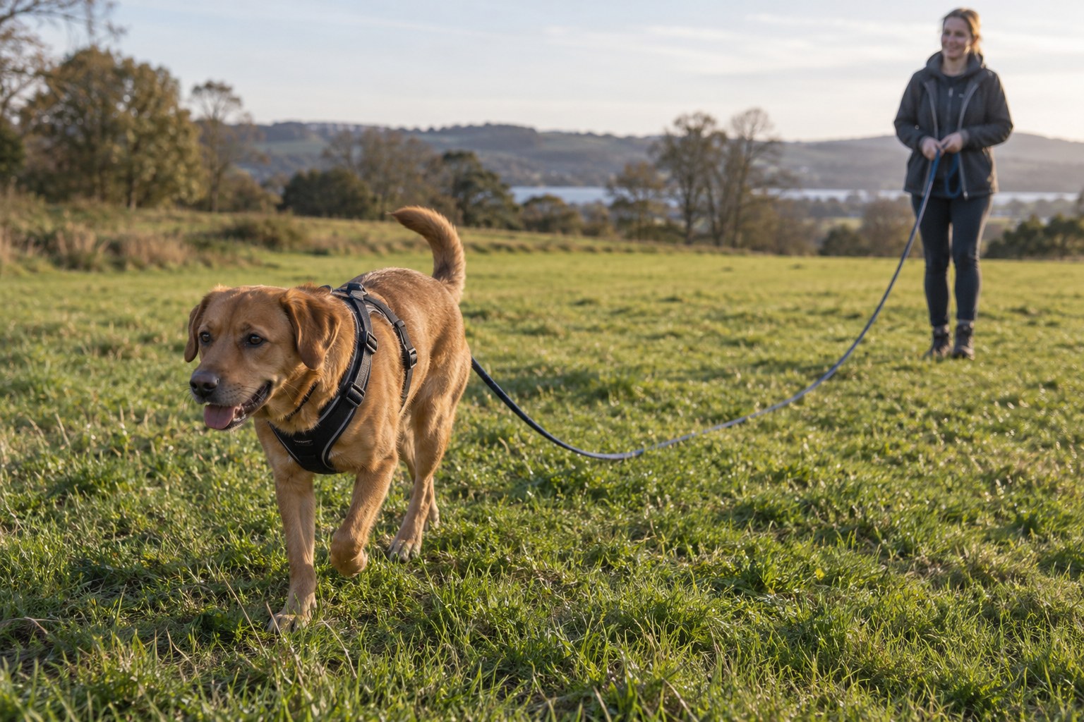A dog in a harness exploring grass with a loose long line held by a person.