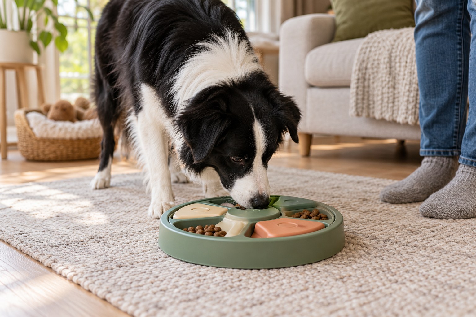 A dog investigating a simple food puzzle on a non-slip mat.