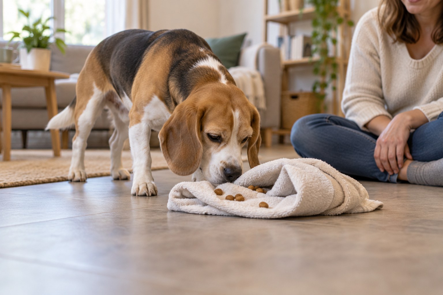 A dog investigating a loosely rolled towel while a person sits nearby.