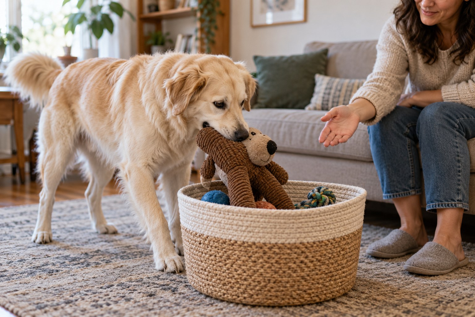 A dog carrying a soft toy beside a low open toy basket.
