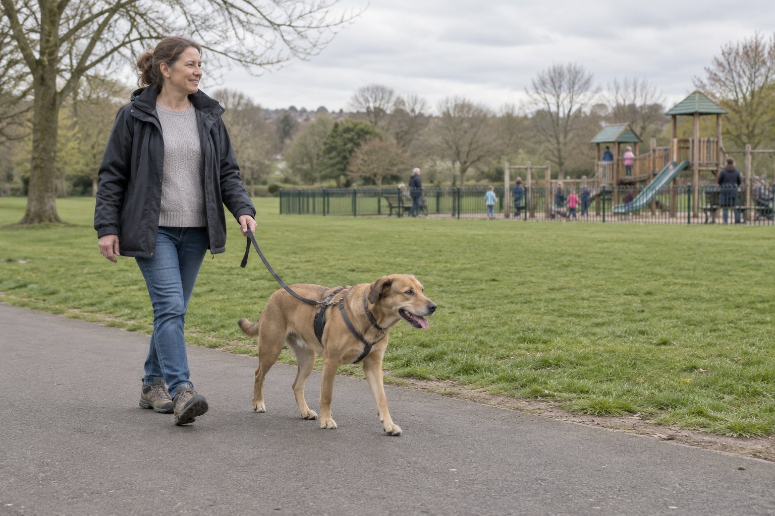 An adult walking a dog on a lead along a path well away from a fenced playground.