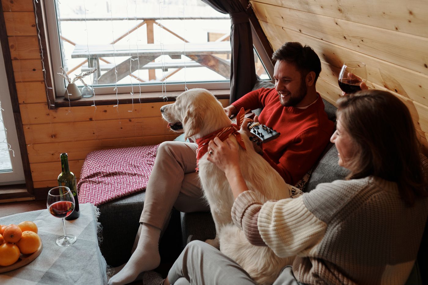 People relaxing with a dog in a furnished room.