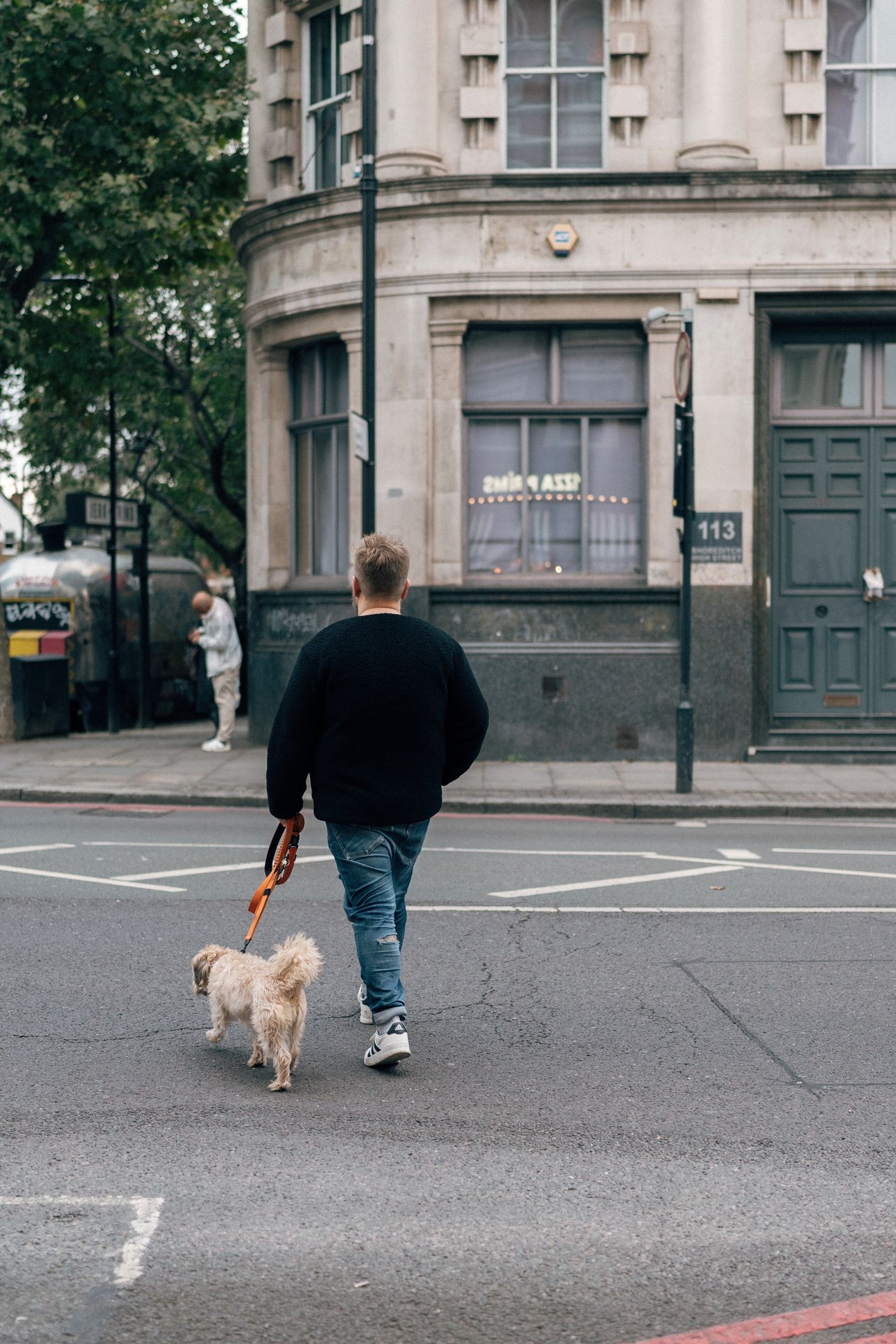 A person walking a dog along a neighbourhood pavement.