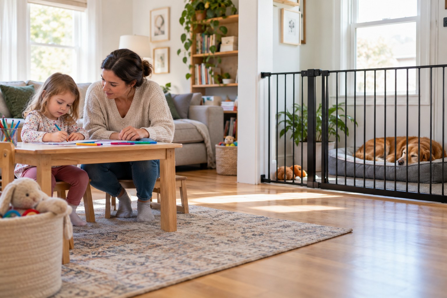 An adult and child at a table while a dog sleeps beyond a closed safety gate.